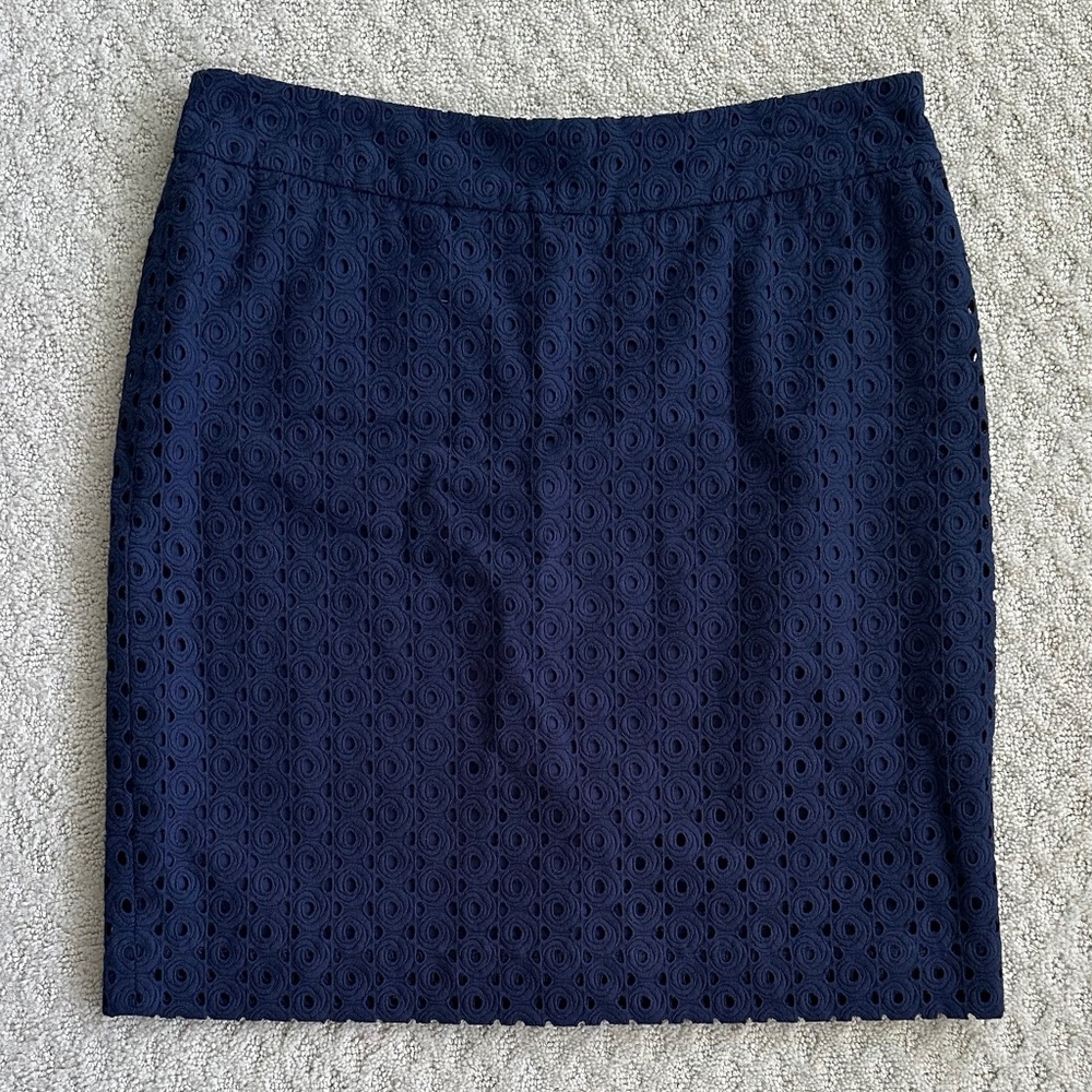 Talbots 100% Cotton Eyelet Pencil Skirt Navy Blue 10 Preppy Career Classic NWOT